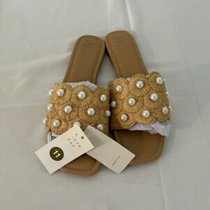 A New Day delany Tan Pearl Embellished Raffia Slide Sandals Size 11 new with tag